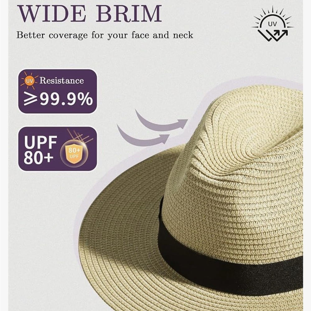 Nanrton Unisex Fedora Panama Straw Hat UPF 80 Protection for Beach NIB